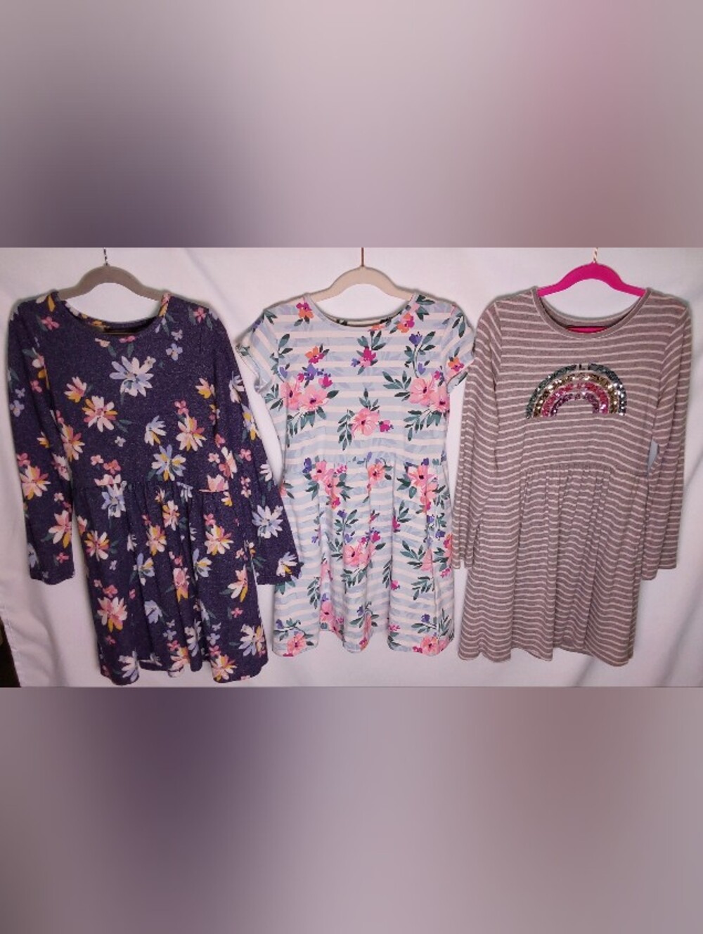 Girl's Navy Floral, White/Gray Stripe Sequin Rainbow, Short Sleeve Floral Bundle